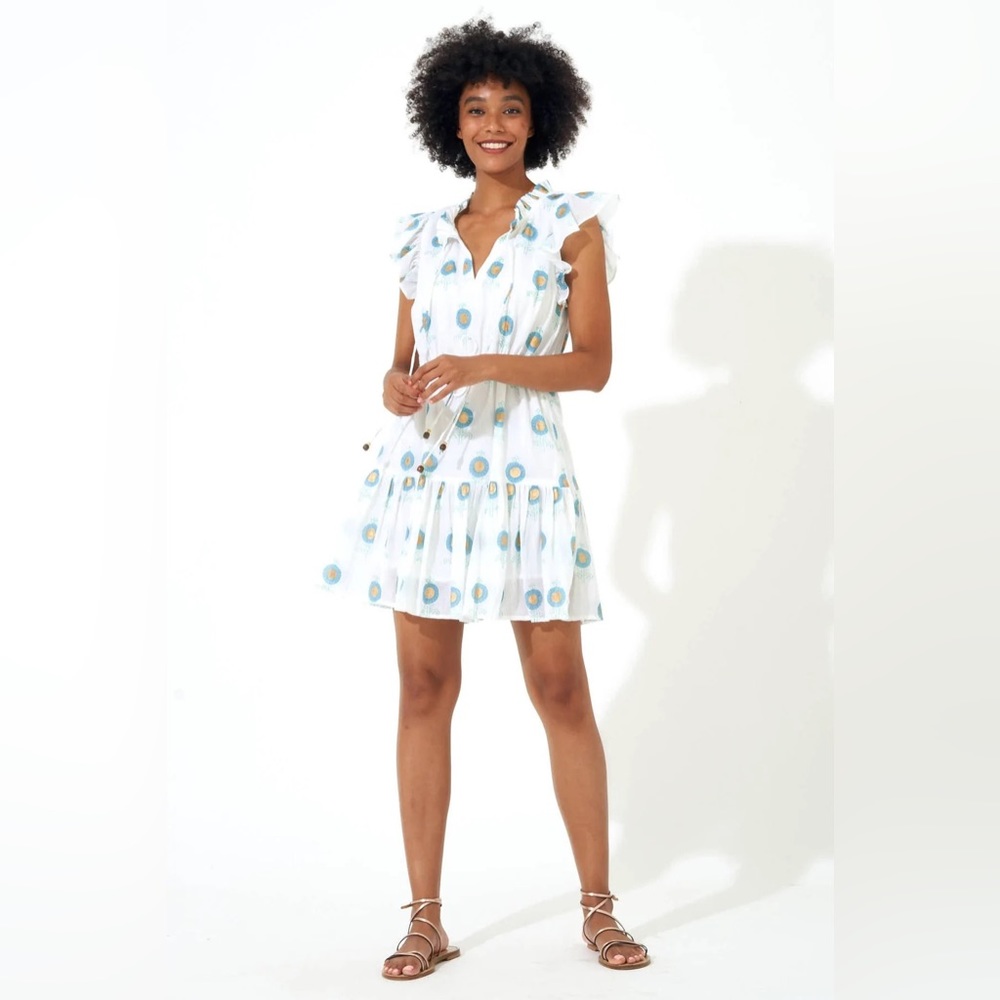 Oliphant Cinched Flirty Block Print Dress.